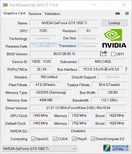 微星gl62m所搭载的显卡是nvidia geforce gtx 1050ti 4gb版本,从gpu-z