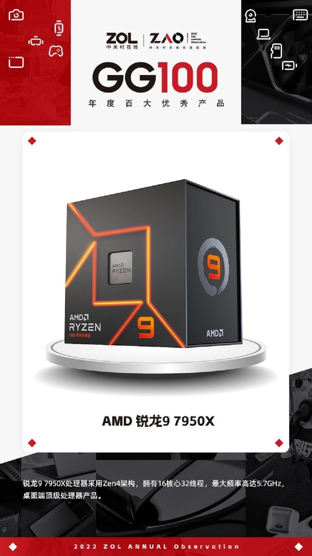 2022 GG100 AMD 锐龙9 7950X处理器获奖全文 AMD Ryzen 9 7950X 游戏硬件CPU 中关村在线