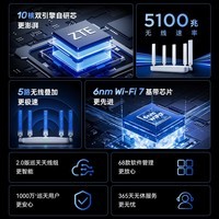 中兴（ZTE）巡天BE5100无线路由器 自研10核芯片 WiFi7千兆双频 全屋组网 5颗信号放大器兼容WiFi6游戏加速