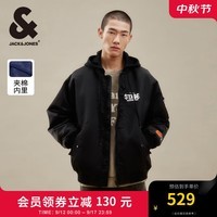 杰克·琼斯（JACK&JONES）秋冬新款男装衣服棉衣飞行夹克男保暖宽松连帽短款棉服外套男士 黑色E40 180/100A/L