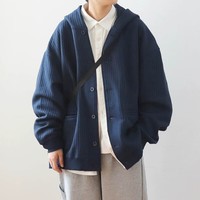 摩男志秋冬季日系复古重磅华夫格连帽开衫卫衣男女休闲文艺简约上衣外套 藏蓝 XL