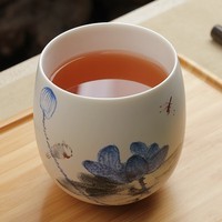 真迹  手绘日式办公杯家用主人杯个人小茶杯茶盏陶瓷茶杯腰鼓杯茶杯 蔚蓝荷花