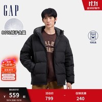 Gap男装2024秋冬新款徽章logo抽绳立领连帽羽绒服纯色外套677652 黑色 180/100A(XL) 亚洲尺码