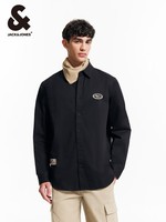 杰克·琼斯（JACK&JONES）男装衣服秋季宽松纯棉衬衫薄外套男士百搭潮流刺绣休闲长袖衬衫男 E43 纯黑色 180/100A/L