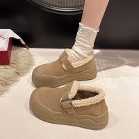 百图韩系磨砂复古勃肯鞋女2024冬新款加绒保暖毛毛棉鞋厚底休闲面包鞋 卡其 37