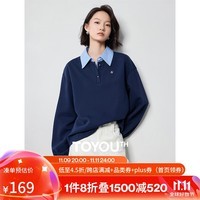 初语拼接假两件衬衫卫衣女2024秋季新款知识分子时尚polo领上衣 黑蓝色 M