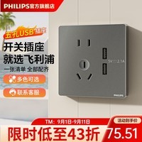 飞利浦（PHILIPS）开关插座面板昕绎灰86型斜5五孔墙壁插座家用暗装电工电料二三插 五孔带双USB