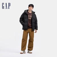 Gap男装2024秋冬新款徽章logo抽绳立领连帽羽绒服纯色外套677652 黑色 165/88A(S) 亚洲尺码