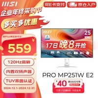 微星（MSI）24.5英寸 120Hz 白色显示器 雾面屏 TUV莱茵认证内置双扬声器 支持壁挂 电脑显示屏PRO MP251W E2 