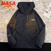 NASA MARVEL冲锋衣男春秋季情侣夹克外套运动百搭休闲登山连帽防风黑色XL