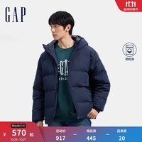 Gap男装2024秋冬新款徽章logo抽绳立领677652连帽羽绒服纯色外套 海军蓝 175/96A(L) 亚洲尺码