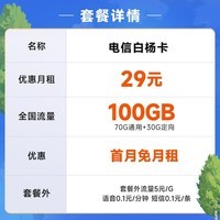 中国电信 电信流量卡5G手机卡不限速上网卡纯流量低月租电话卡电信星卡号码卡全国通用 白杨卡29元月租100G-SLK