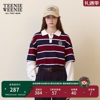 Teenie Weenie小熊春夏时髦拼接条纹长袖PoloT恤学院风 酒红色 160/S