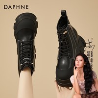 达芙妮（DAPHNE）马丁靴女秋冬加绒加厚保暖户外登山工装靴2024新款时尚百搭皮靴 黑色 加绒 跟高9cm 34 标准码