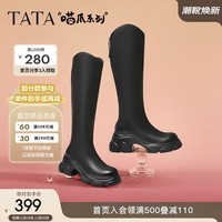 他她（TATA）喵爪系列气质V口高筒靴女靴厚底显瘦弹力长靴2024冬新款CEG03DC4 黑色 38