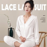 六月玫瑰(Junerose)【缎面轻奢蕾丝边】丝滑轻薄睡衣套装长袖睡衣女士家居服 白色 XL