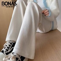 宝娜斯（BONAS）裤子女雪尼尔运动秋冬款高腰垂感宽松直筒休闲阔腿裤 米色 常规 均码【80-140斤】