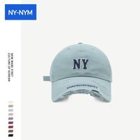 NY-NYM潮牌NY字母刺绣破洞棒球帽女韩版街头时尚大帽檐显脸小鸭舌帽子男 蓝色 M(56-58cm)