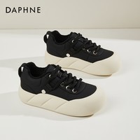 达芙妮;DAPHNE板鞋女2024秋季新款韩版百搭面包鞋厚底增高休闲鞋 米黑色 加绒 跟高4cm 36 标准码