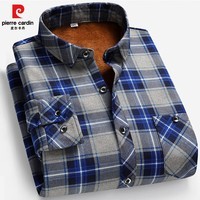 皮尔卡丹（pierre cardin）加绒加厚格子长袖衬衫男士2025冬季保暖衬衣商务休闲打底衫男 蓝色 XL
