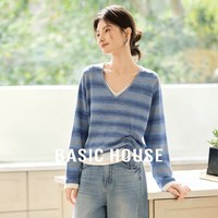 Basic House/百家好条纹假两件针织衫女v领抽绳温柔风长袖上衣春 海洋蓝 M