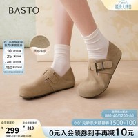 百思图2026春季新款真皮魔术贴勃肯鞋复古休闲女懒人单鞋W5106AM6 杏色(两穿款) 37