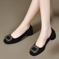 慕芹茹新款水钻方扣粗跟单鞋女鞋 黑色 37