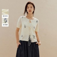 茵曼(INMAN)法式刺绣镂空针织系带开衫2026夏季女装新款圆领正肩短袖上衣 米白色 XL