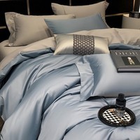 轩蓝仕A类抗全棉长绒棉100支贡缎织带四件套 纯棉缎纹床品套件 100S-灰兰-YC 床单款 1.8米床(被套200*230cm)