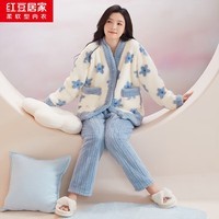 红豆居家（Hodohome）【加绒加厚】秋冬保暖印花女士开衫长袖睡衣套装甜美居家服秋上新 云朵蓝 S 女士160/S