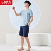 红豆居家（Hodohome）情侣全棉睡衣简约休闲风短袖家居服套装可外穿 男款灰蓝 XL 175/96A