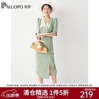 帕罗（PALUOPO）印花拼接网纱v领短款连衣裙短袖开叉新款夏季中长裙格子裙子 花色绿 S (155/80A)