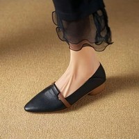 慕芹茹新款法式复古真软皮粗跟单鞋女鞋 暗夜黑 35 脚大脚宽拍大一码