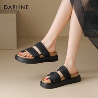 达芙妮平跟厚底凉拖鞋女2026夏季新款套趾外穿沙滩度假凉鞋舒适百搭拖鞋 黑色 37