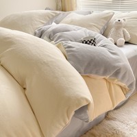 J.H.Longess 厚实保暖纯色双拼牛奶绒高克重秋冬加绒床上四件套 奶黄+米灰/LJR 1.8床 床单款 (被套200*230cm) 套件