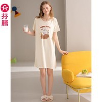 芬腾睡裙女士夏季薄款短袖睡衣中裙女款宽松休闲卡通可爱家居服 FX26921063米杏 L 建议:110-125斤