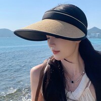 达芬奇密码女遮阳帽户外防晒太阳帽 草编黑胶大檐防晒空顶帽 米色