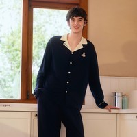 Teenie Weenie小熊睡衣男2025秋季新款莫代尔情侣长袖家居服套装女 藏青色 【撞色皇冠|开襟-男】 L 建议女 125-145斤 | 男140-160斤