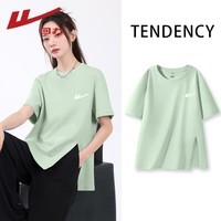 回力（Warrior）开叉宽松短袖T恤女2026年夏季女装新款潮流时尚慵懒随性休闲上衣 水绿#回力白标K M