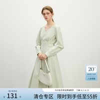 范思蓝恩法式通勤V领长袖连衣裙女2025春新款中长款收腰裙子11035 绿色 XS