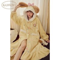 果壳（Gukoo）睡衣女冬季mikko联名毛绒保暖波点连帽可爱女士家居服睡袍可外穿D mikko奶黄睡袍 XL