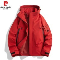 皮尔卡丹春秋单冲山系户外冲锋衣男女同款连帽运动外套情侣款防风防山服 朱雀红 2XL