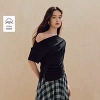 茵曼（INMAN）法式高级一字肩短袖T恤2026夏季女装新款短款褶皱收腰上衣 午夜黑 S