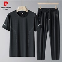 皮尔卡丹夏季运动套装男士短袖T恤速干衣跑步健身透气弹力大码套装男士款 黑色 L