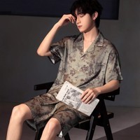 雅鹿睡衣男夏季2026年新款冰丝短袖短裤男士夏天薄款可外穿家居服套装 NSCBF-墨绿树叶短袖短裤 【缎面冰丝】 L 【建议90-125斤】