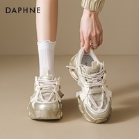 达芙妮厚底老爹鞋女2025新款蕾丝网面透气爆款百搭增高运动鞋 金色 35