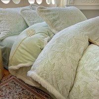 轩蓝仕（Xanlenssi）A类加厚拉绒雕花牛奶绒冬季保暖四件套 床笠磨毛绒加密型绒套件 如梦令-绿-hc 床单款 1.8米床(被套200*230cm)