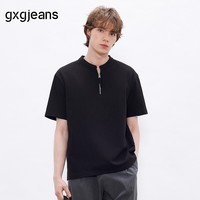 gxgjeans男装 黑色半拉链宽松华夫格休闲立领短袖t恤男26夏新品 黑色 L (175)
