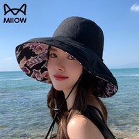 猫人棉双面遮阳渔夫帽女防晒春秋夏季户外出游遮脸大沿太阳帽子可折叠 黑色 均码（56-58cm）