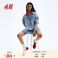 H&M女装衬衫夏季半开襟时尚长袖休闲套头式复古牛仔衬衫1268625 浅牛仔蓝006 S 160/88